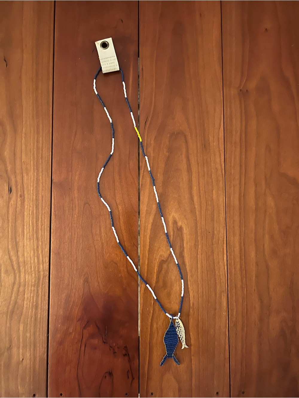 Anthropologie Navy, White & Yellow Beaded Fish Necklace—NWT from Fall ‘26 line.